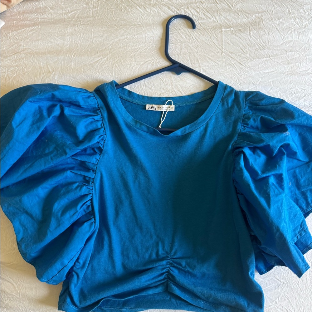 ZARA Women Cobalt Blue Exaggerated Sleeve Crop Top